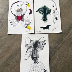 Set Of 3 Indigenous Native Art prints titled “Lone Wolf “ “ Oh Is It “